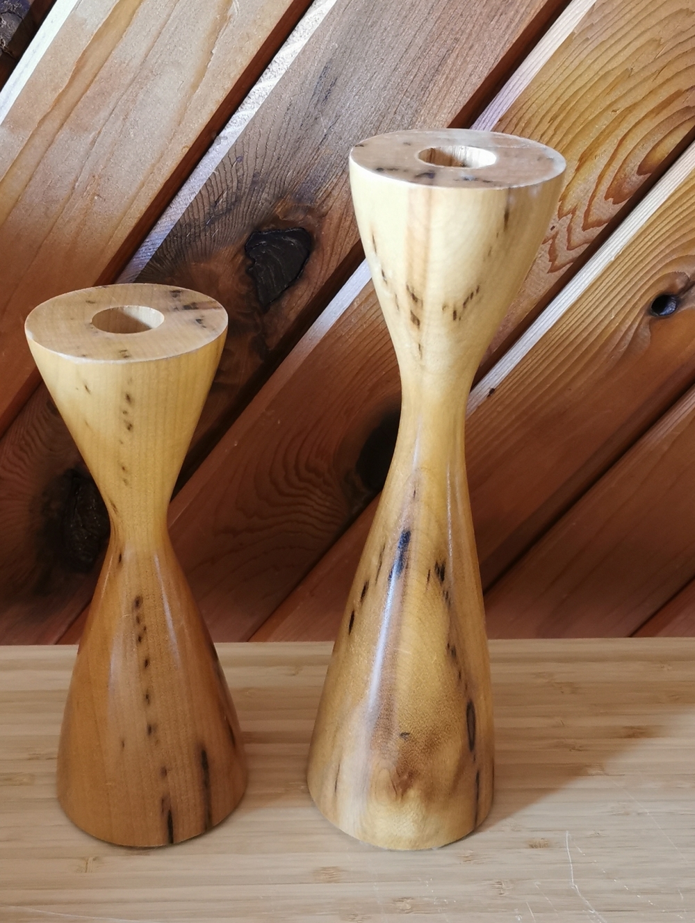 Vintage MCM Turned Wood Candle Holders Set Scandinavian Style